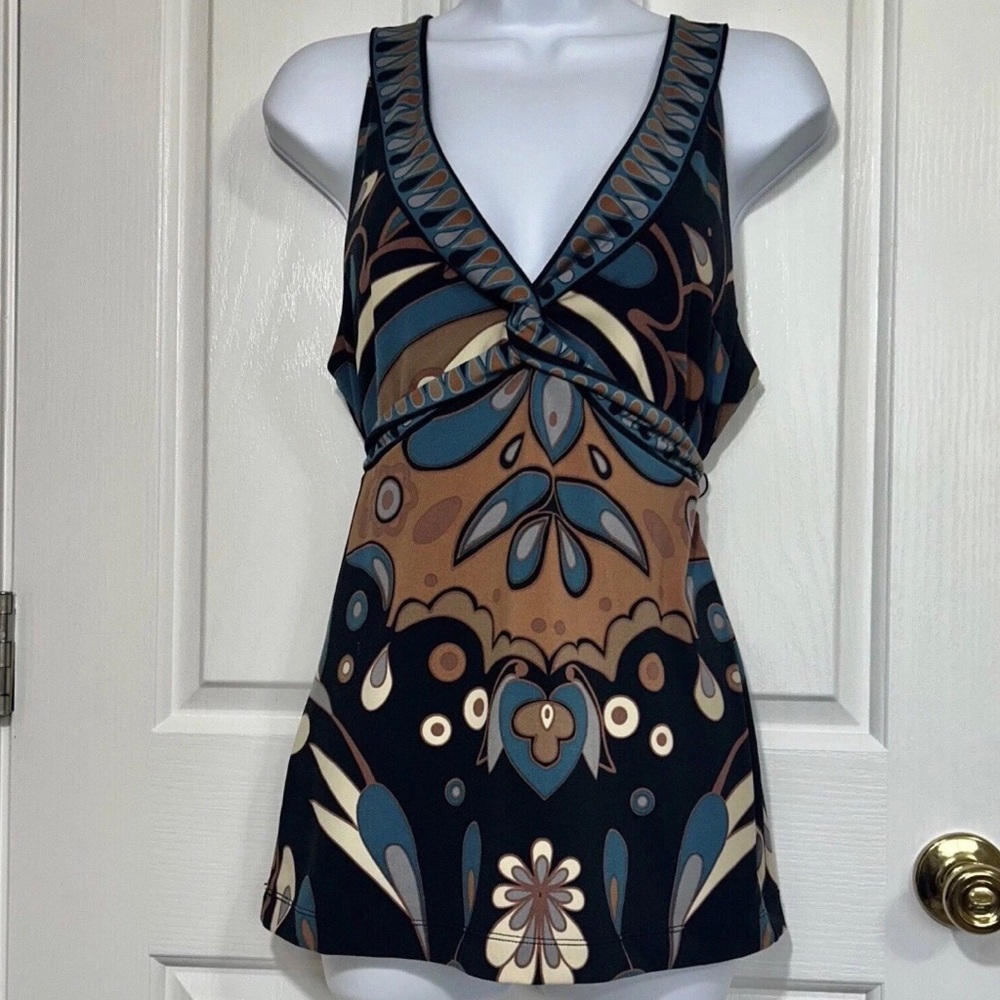 BCBGMAXAZRIA Geometric Abstract Art Deco V-Neck Tie Back Halter Tank Top Size M